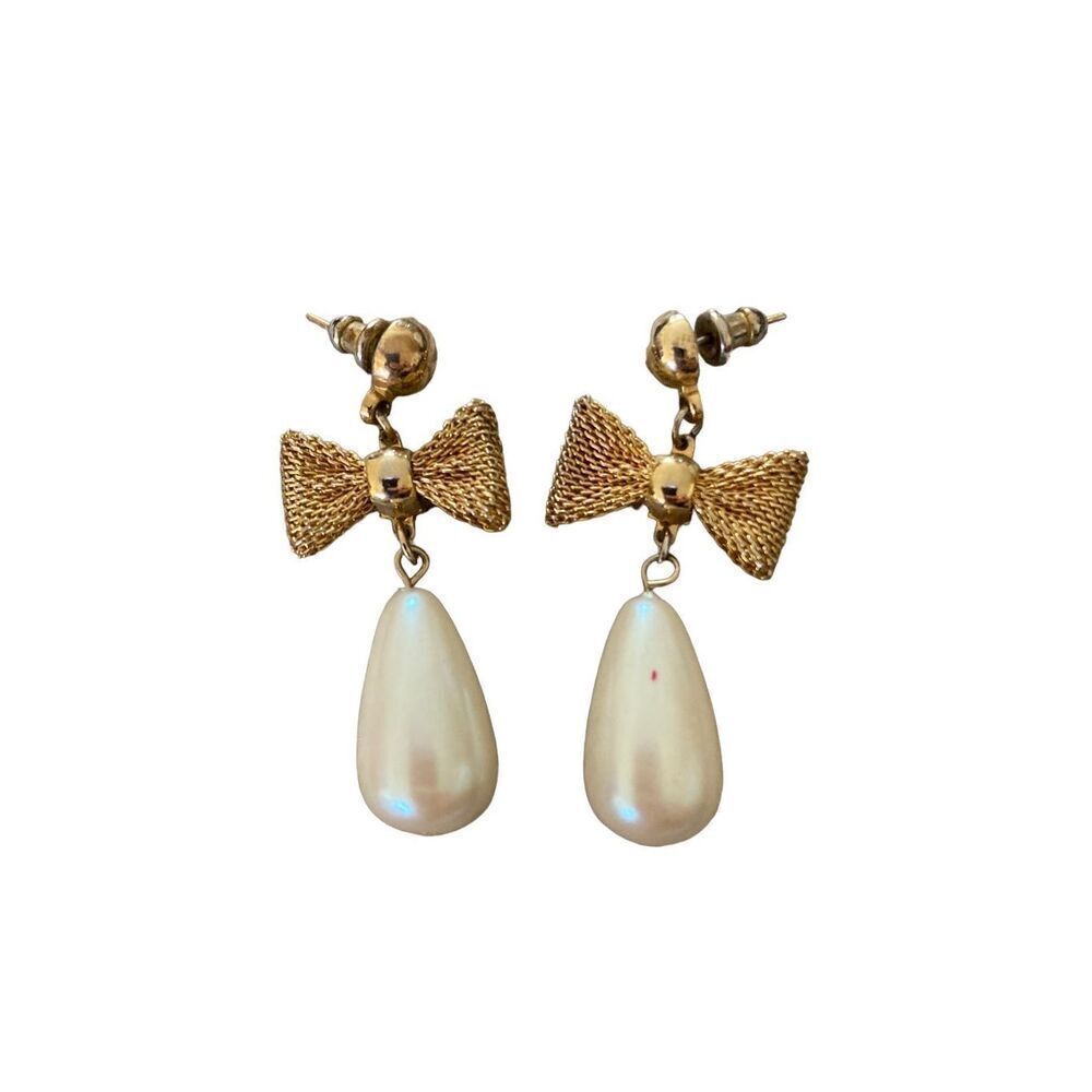 Vintage Dangling Bow Earrings Faux Teardrop Pearl Formal Costume Drop